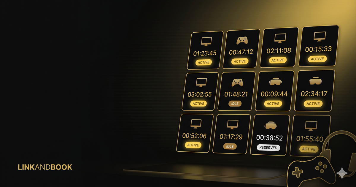Live gaming station grid with active timers and status