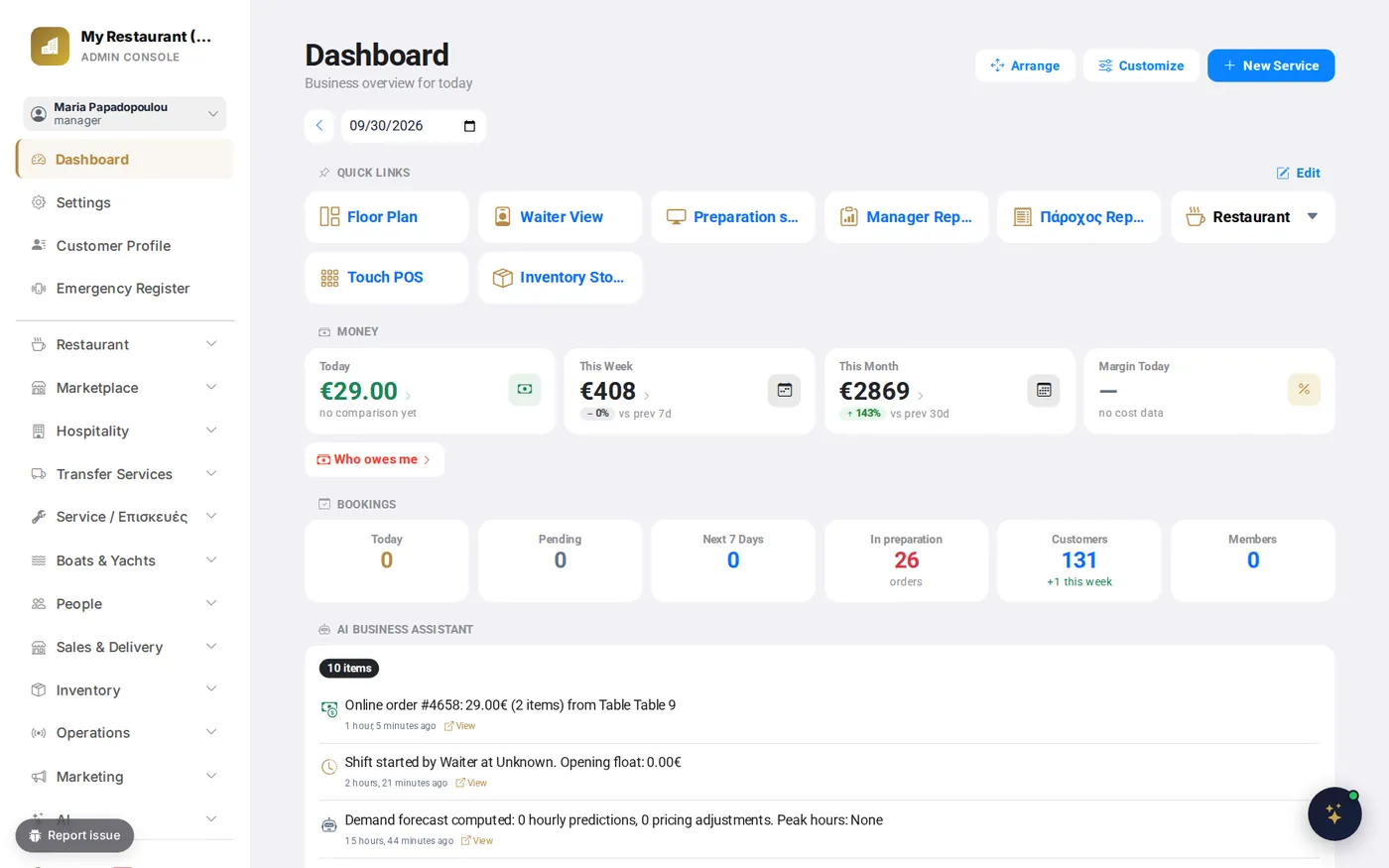 The business dashboard: sales, bookings and the AI assistant